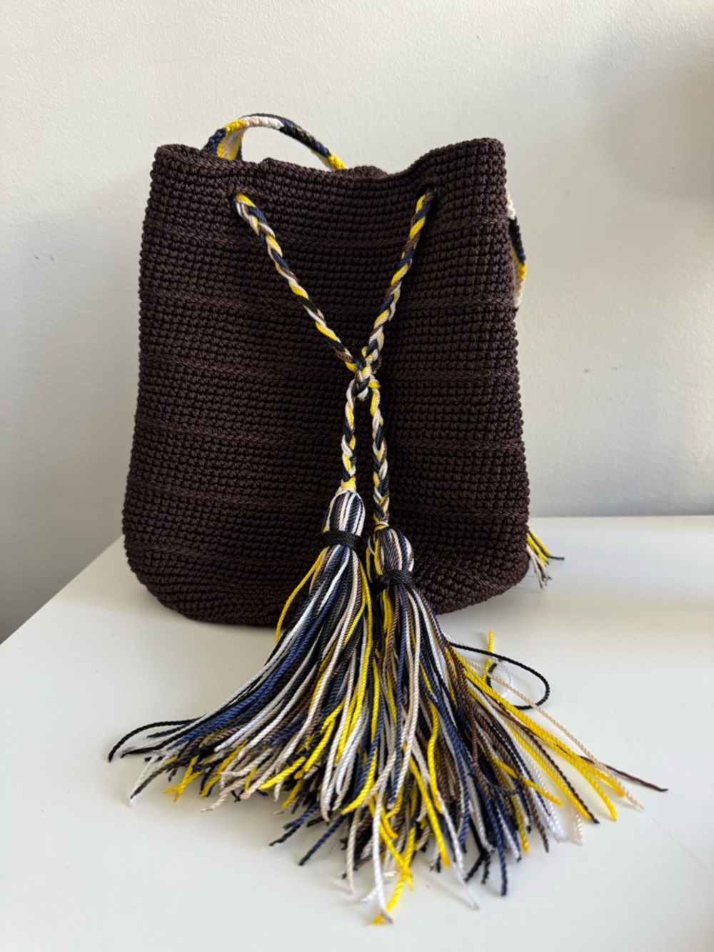 Handwoven Brown Tassel Bucket Bag